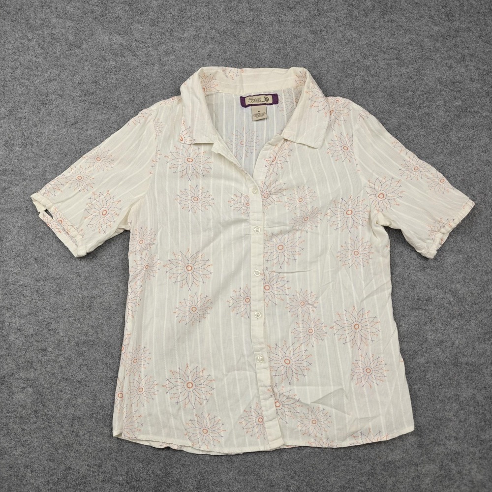 Vintage Fossil Shirt Womens XL White Floral Embroidered Button Front